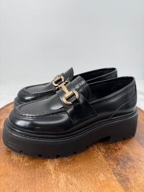 Steve Madden Shoes Wm 7.5 Black Leather Platform Horsebit Loafers Chunky Lug